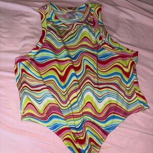No Boundaries Multicolor Wave Ribbed One-Piece - Yellow, Red, Blue, Cream